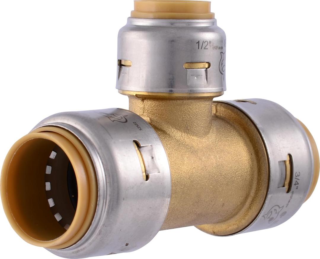 SharkBite Max 3/4 Inch x 3/4 Inch x 1/2 Inch Reducing Tee, Push To Connect Brass Plumbing Fitting, PEX Pipe, Copper, CPVC, PE-RT, HDPE, UR412A (3/4 in. x 3/4 in. x 1/2 in.)