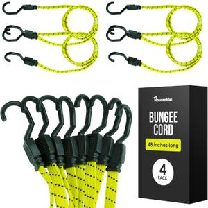 Houseables Long Bungee Cords with Hooks, Bungee Cords with Hooks, Elastic Straps, Elastic Tie Down Straps, Rope for Moving, Dolly, Truck, Bungie Chords, Heavy Duty Outdoor, Rubber, Flat, 48 Inch, 4 PK (Yellow)