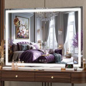 Hasipu Vanity Mirror with Lights, 32" x 24" LED Makeup Mirror, Lighted Makeup Mirror with Dimmable 3 Modes, Touch Screen Control Vanity Mirror Square White