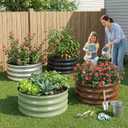 Galvanized Raised Garden Bed- 2Pcs Metal Planter Boxes Outdoor | 12" Tall 24" Round Steel Raised Bed Kit & Fire Pit Ring for Gardening with Protective Tape for Vegetables, Flower (Grey)