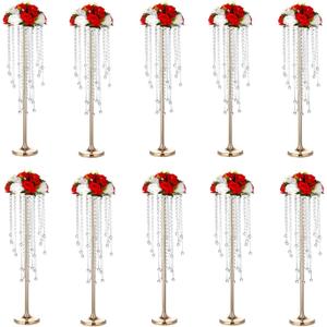 Bigsee 10 Pcs 29.5 inches Crystal Flower Stand Wedding Centerpieces for Tables, Tabletop Gold Metal Flower Arrangement Holder, Bulk Metal Vases for Reception Ceremony Decoration