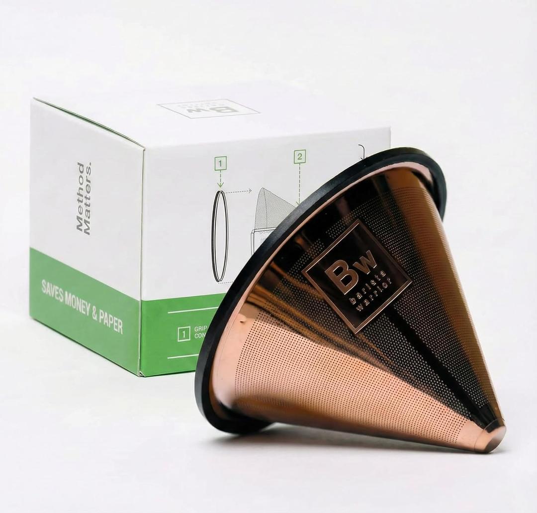 Barista Warrior Reusable Coffee Filter - Stainless Steel Pour Over Dripper, Compatible for Chemex, Hario V60 & Drippers, Easy to Clean Flavorful Brew Fine Mesh Coffee Filter - Copper (Brown)