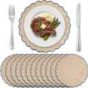 Set of 12 Blue Beige Cotton Placemats 15 Inch Round Scalloped Embroidery Placemats Washable Double Layered Rustic Table Mat Fabric Napkins for Wedding Table Decor