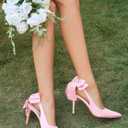 Coutgo Womens Slingback High Heels with Bow Closed Pointed Toe Wedding Bride Dress Shoes Satin Pumps, Pink, Size 9.5