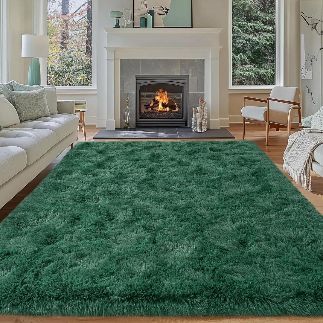 Dssimo Super Fluffy 8x10 Rugs for Living Room, Modern Shag Dark Green Area Rugs, Soft and Cozy Plush Large Under Bed Carpet for Kids, Girls Boys and Teens Decorations for Bedroom Nursery Classroom