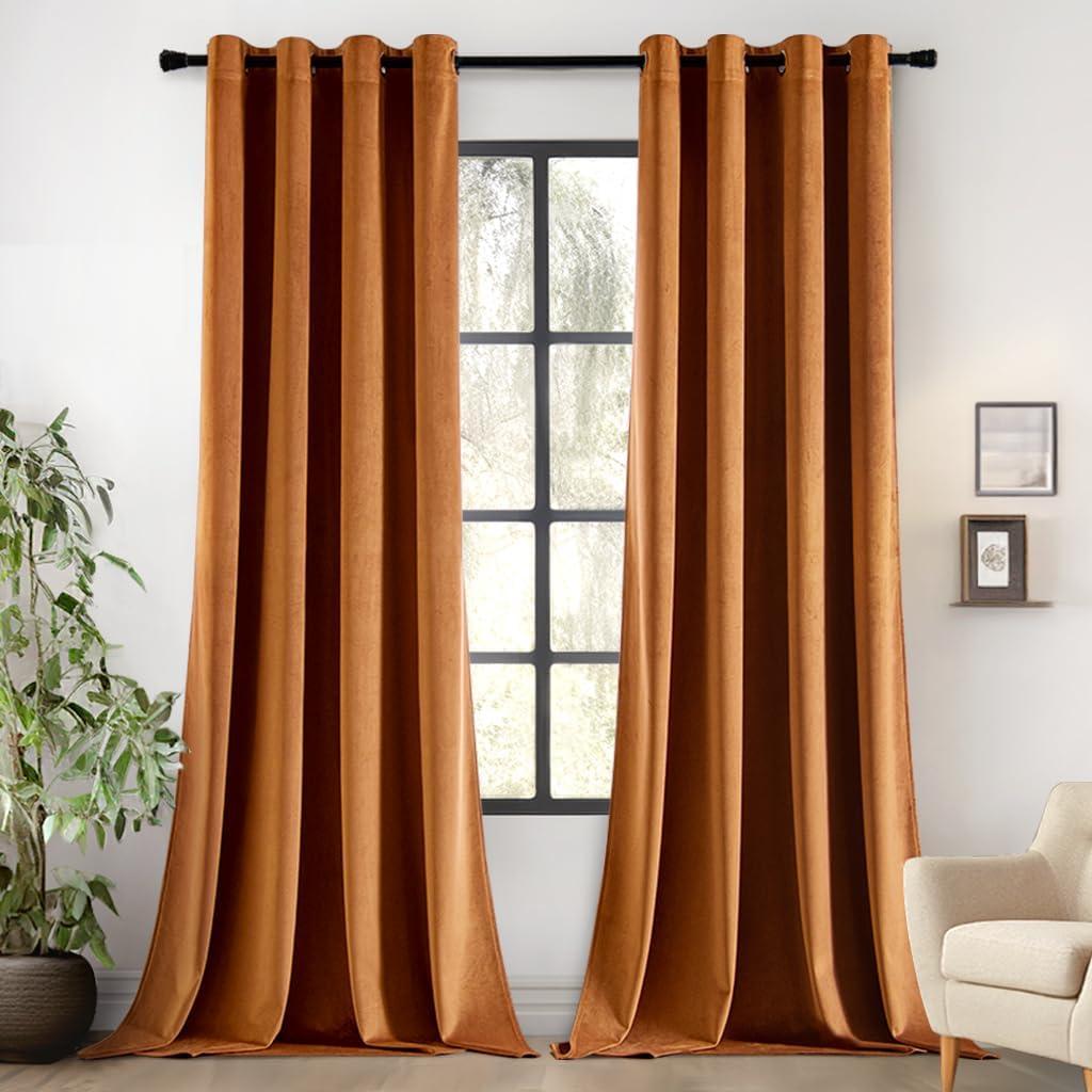 EMEMA Fall Decor Velvet Curtains 96 Inches Long Luxury Room Darkening Curtains for Living Room Bedroom Grommet Thermal Insulated Home Decoration Window Drapes W52 x L96 2 Panels Gold Brown