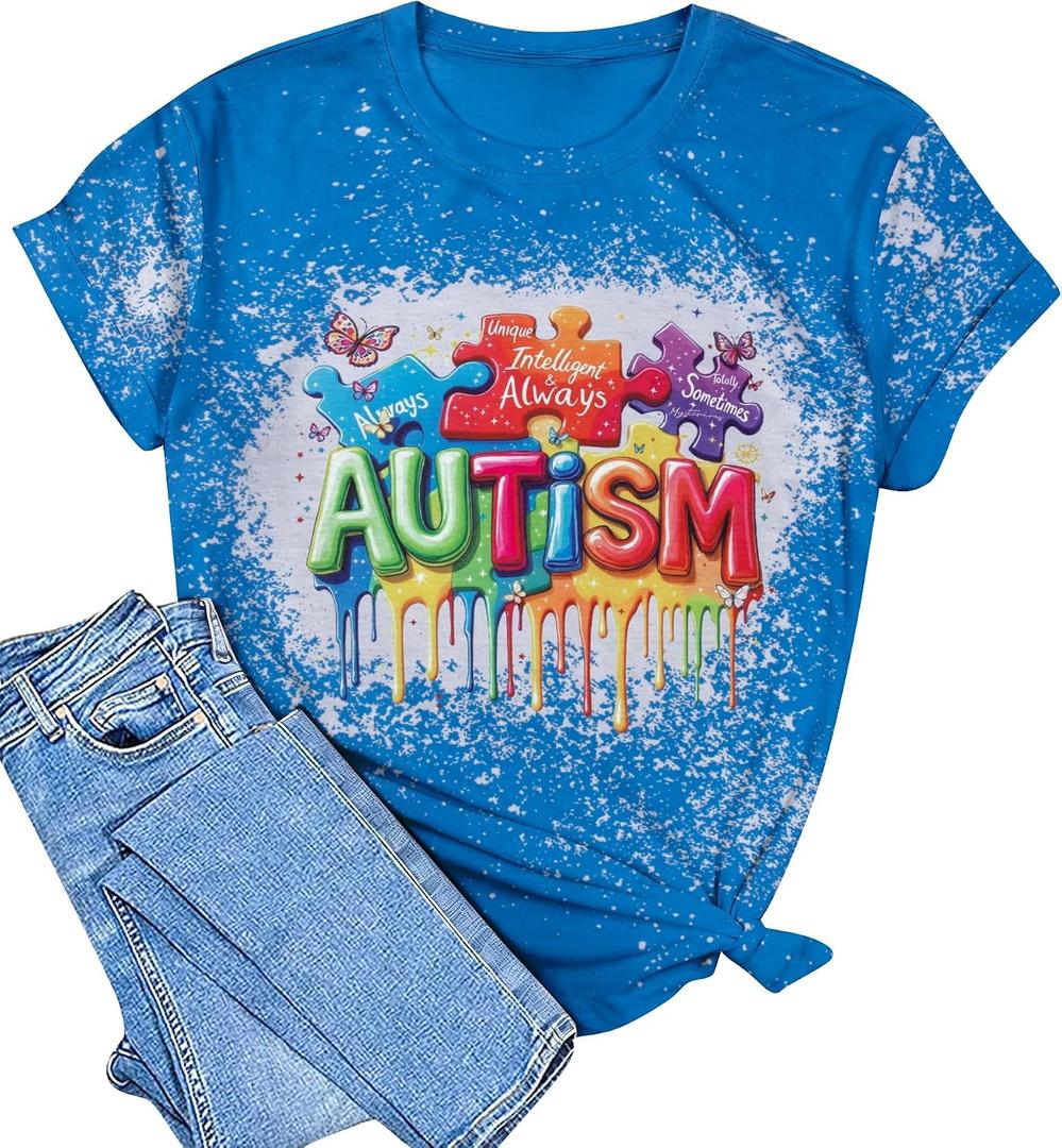 Autism Awareness Shirt Women Autism Shirts Autism Support Tops in April Blue Autism Mom Clothes Special Education Tees (Blue, S)
