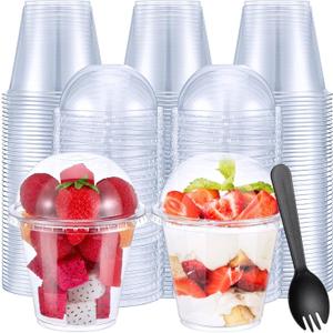 Suclain 400 Pcs 9 oz Disposable Plastic Cups with Dome Lid and Sporks Set, 200 Clear Fruit Cups Containers with Lids and Hole, 200 Plastic Spork for Food Appetizer Ice Cream Dessert Cold Drink