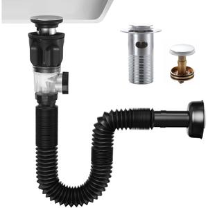 Flexible Sink Drain Pipe Kits,Adjustable Bathroom Sink P Trap with Overflow Fits 1-1/4",1-1/2"and 2" Drain Hole,Chrome
