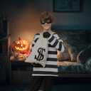 COSPELEY 5 PCS Halloween Kids Bank Robber Costume Set, Burglar and Thief Cosplay Sets, Include Black and White Striped Shirt Cap Mask Bags Gloves for Role-playing Cosplay, 10-12 Years