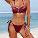 Ruched 3 Piece Swimsuits for Women Ribbed Velvet Bikini Sets with Sarong Coverup Metal Ring Bathing Suit (Red, L)