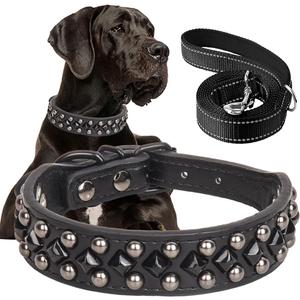 Spiked Studded Dog Collar Soft PU Leather Squared Spike Pet Collar and Reflective Nylon Leash Set Adjustable Collars for Dogs (S(neck:10.6"-13"))