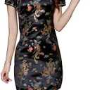 Cheongsam Dress for Women Qipao Slim Fit Short Sleeve Bodycon Mandarin Collar Side Slit Chinese Floral Print Dragon Dress, L