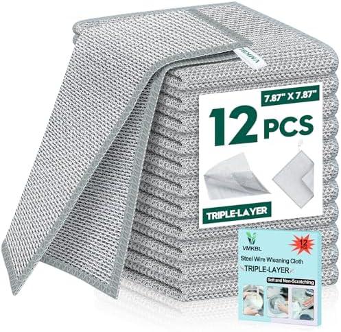 VMKBL 12 Pcs New Upgraded 3 Layers Non Scratch Wire Dishcloth, Multipurpose Wire Dishwashing Rags, Wet & Dry for Cookware, Sinks, Dishes, Stoves & Fireplaces (7.87 x 7.87-12pcs), Pack Of 2