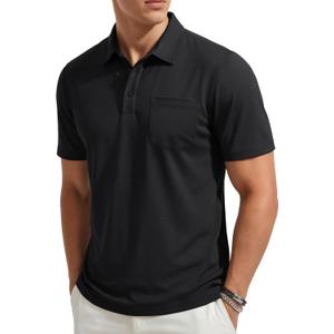TACVASEN Men's Polo Shirts Short Sleeve with Pocket Cotton Pique T-Shirts 3 Buttons Casual Polo Moisture Wicking Golf Shirts (Black, S)