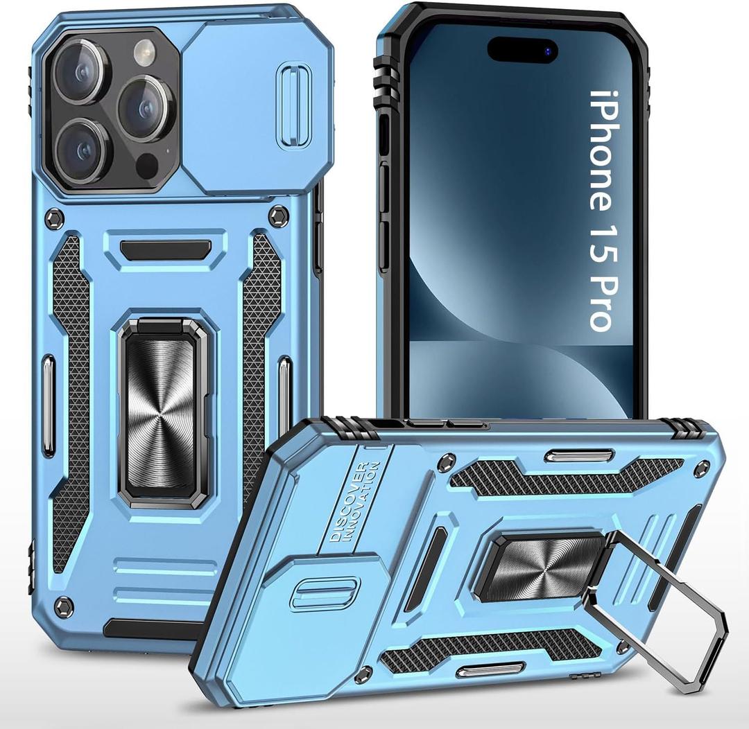 for iPhone 15 Pro Phone Case iPhone 15 Pro Case with Slide Camera Cover Protective with Ring Stand, Heavy Duty Shockproof Rugged Bumper for iPhone 15Pro Case-Light Blue