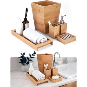 Bamodi Bamboo Bathroom Decor Set - 5-Piece Aesthetic Decorative Accessories for Restroom - 7x2.5X.2.5-Inch Set Includes Toiletry Box, Toothbrush Holder, Liquid Soap Dispenser, and Wooden Towel Tray