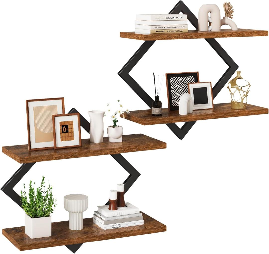 IBUYKE Floating Shelves,15 Inch Wall Shelf Set of 2,Wall Mounted Shelves,2 Tier Hanging Decorative Storage Shelf for Living Room, Bedroom, Bathroom, Kitchen TFS003H-2 (Brown)