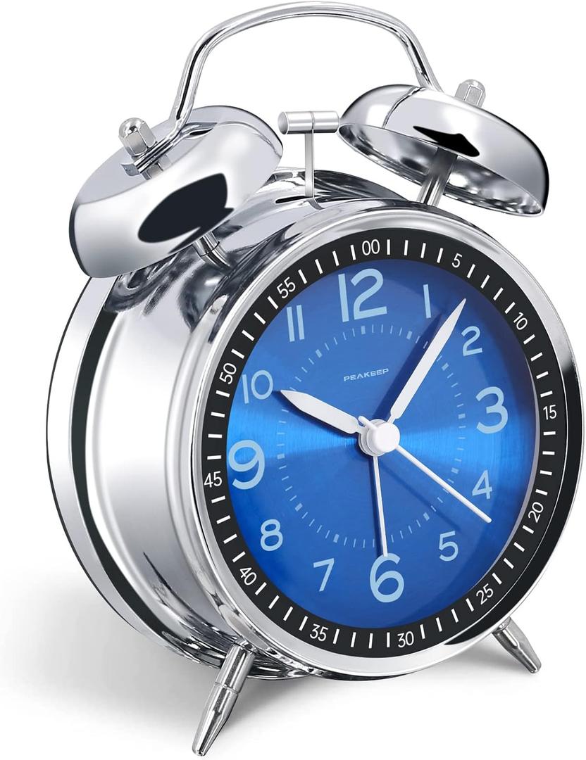Peakeep Loud Alarm Clock for Heavy Sleepers Adults, Metal 4.5 Inches Twin Bell Battery Operated Analog Alarm Clocks for Bedrooms Decoration (Jewel Blue)