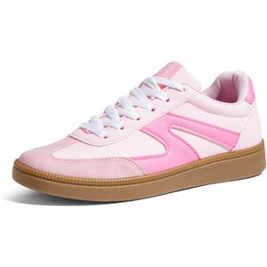 Women's Retro Sneakers Vintage Leather & Suede Patchwork Casual Shoes with Recyclable Material Insole Trendy Non-Slip Cushion for Streetwear & Daily Outfits (Pink)