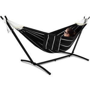 GAFETE Double Hammock with Stand for Outside, Upgraded Spreader Bar, Heavy Duty Space Saving Steel Stand 2 Person, Side Pockets, Easy Assembly, 600lbs Weight Capacity, Indoor & Outdoor (Darkness)