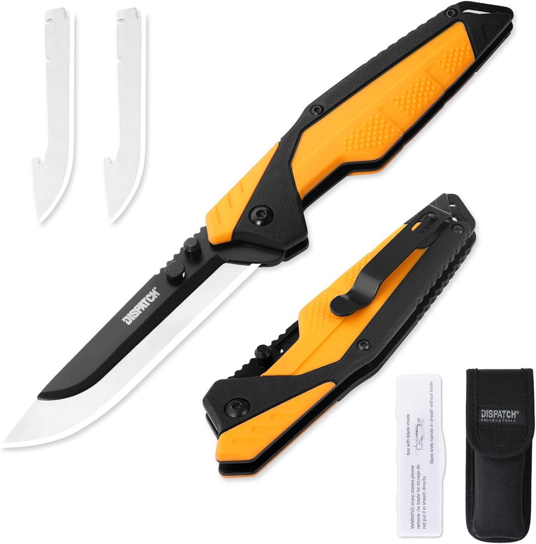 3.5" Replaceable Blade EDC Folding Hunting Knife with Dual Thumb Opener and Pocket Clip with 3 Drop Point Blades, Durable ABS and Non-Slip rubberized TPR Handle with Nylon-Holster, skinning knife