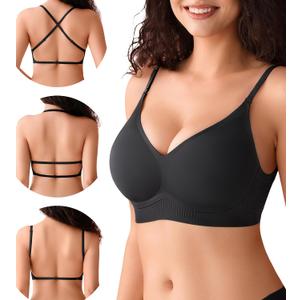 DEANGELMON Seamless Low Back Bra Wireless Backless Bra Womens Thin Straps Halter Bra Low Cut V Neck Multiway Convertible Bras, XL