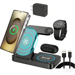 3 in 1 Charging Station for Samsung Android: Wireless Phone and Watch Charger for Galaxy S26 Ultra/S25 Ultra/S24/S23/Z Fold, Wireless Charger Stand for Galaxy Watch 9/8/7/6/5 Earbuds 4/3/Pro (Black)