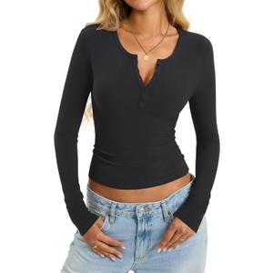 Womens Cotton Long Sleeve Shirts V Neck Henley Tops Slim Fit Basic Going Out Tshirts Fall Fashion Outfits 2025 (Medium, Black)