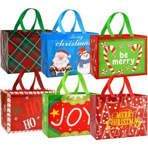 DecorWoo 12 PCS Reusable Christmas Gifts Bags, Xmas Non-Woven Tote Bags with Handles, for Holiday Shopping Party Favors Wrap Supplies