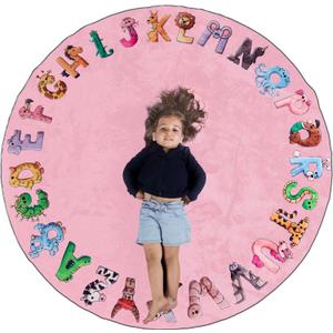 ABC Alphabet Rug for Kids – 6 ft Round Pink Play Mat, Soft Nursery Decor for Learning Letters, Classroom & Nursery Area Mat