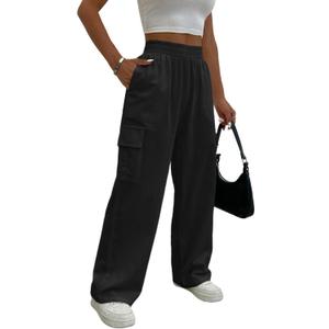 Cargo Linen Pants for Women Summer Wide Leg Palazzo Beach Pants Lightweight Women's Casual Pants with Pocket (X-Large, Black)