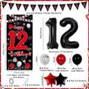 12th Birthday Decorations Boy, Red Black Happy 12th Birthday Decorations for Boys Girls, 12 Year Old Birthday Door Banner, Triangle Flag, Large Number 12 Balloons Decor Boy Twelve Bday Party Supplies