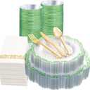 PULOTE 175PCS Green Plastic Plates - Clear Plastic with Green Rim Disposable - Include 25 Each (Dinner & Dessert) Plates, 75 Cutlery, 25 Cups, 25 Napkins, Idea for Wedding&Party