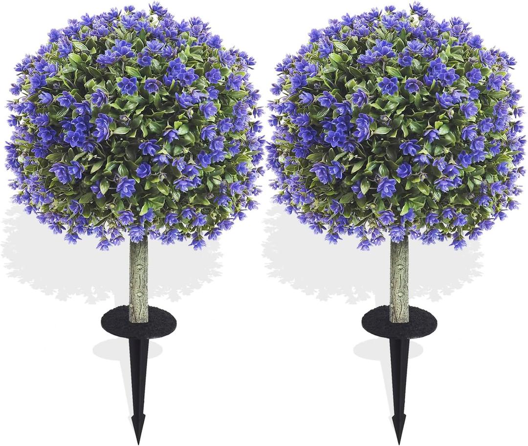 Artificial Boxwood Topiary Ball Trees with Purple Rose, 2 Set of 19'' UV Resistant Fake Evergreen Shrubs Bushes Plants with Ground Spike Fake Plants for Outdoor Indoor Front Porch Garden