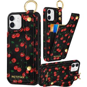 Petitian for iPhone 11 Case with Wallet - Women Girls Cute Girly Aesthetic Unique Design Leather Credit Card Holder Cardholder Stand Wristband for iPhone 11, Cherry