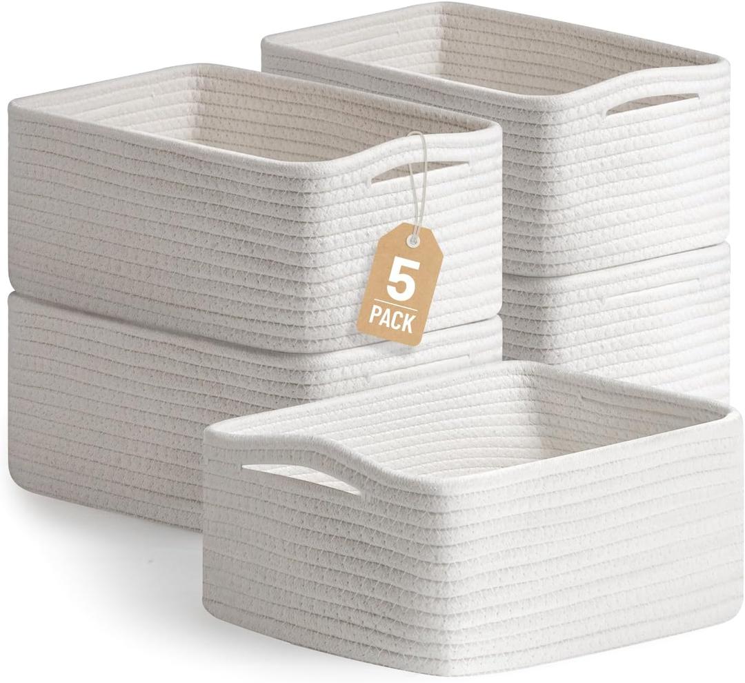 5 Pack White Small Woven Storage Baskets for Shelves, Cotton Rope Baskets Organizer for Bathroom, Closet & Nursery, Decorative Storage Bins for Organizing Socks, Toys, 11.8"x7.9"x4.7"