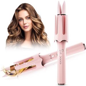 Auto Rotating Hair Curler - 4 Temperature and Timer Settings, Automatic Curling Iron with Automatic Shut-Off, Anti-Tangle and Scalding, Curling Wand for Long Lasting Curls (Pink)