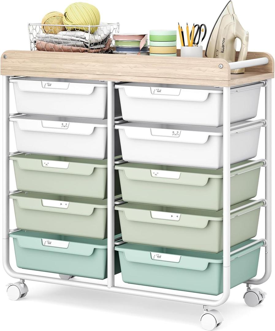 10 Drawers Rolling Cart with Wooden Tabletop, Utility Storage Cart with Wheels, Art Supply Craft Organizer on Wheel with Metal Frame & Handles for Home Office School,Green