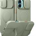 SURITCH for iPhone 16 Plus Case with Magnetic Camera Slide Cover and Adjustable Kickstand, Compatible with MagSafe, Shockproof Bumper Case Slim Protective Cover for iPhone 16 Plus 6.7 Inch, Green