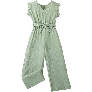 Girl's Ruffle Trim Wrap V Neck Cap Sleeve Cute Jumpsuit Belted Wide Leg Pants 128 8Y Mint Green