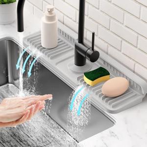 Folding Faucet Mat for Kitchen Sink Splash Guard[7 Slope Fast Self-draining][Snap Lock Fit] Kitchen Sink Faucet Mat Splash Guard Kitchen Sink Area Sink Water Splash Guard Behind Faucet Draining Mat (Light Gray)