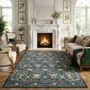 GarveeHome Washable Area Rug 5x7, Retro Floral Low Pile Non Slip Living Room Rug Soft Cottage Core Rug Farmhouse Indoor Carpet for Bedroom Dining Room Playroom (Indigo/Slate)