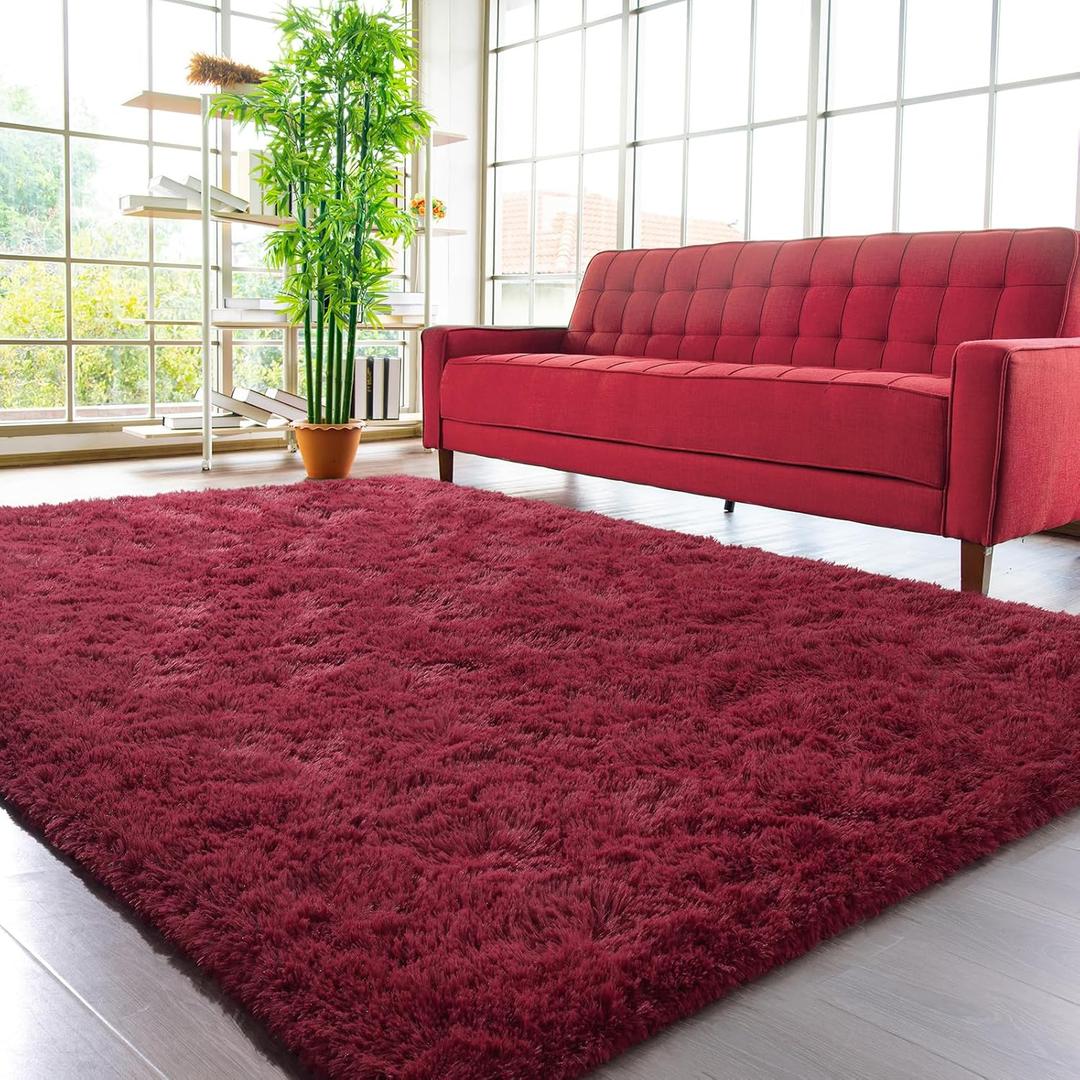 HOMORE Luxury Fluffy Area Rug Modern Shag Rugs for Bedroom Living Room, Super Soft and Comfy Carpet, Cute Carpets for Kids Nursery Girls Home, 6x9 Feet Wine Red (6' x 9')