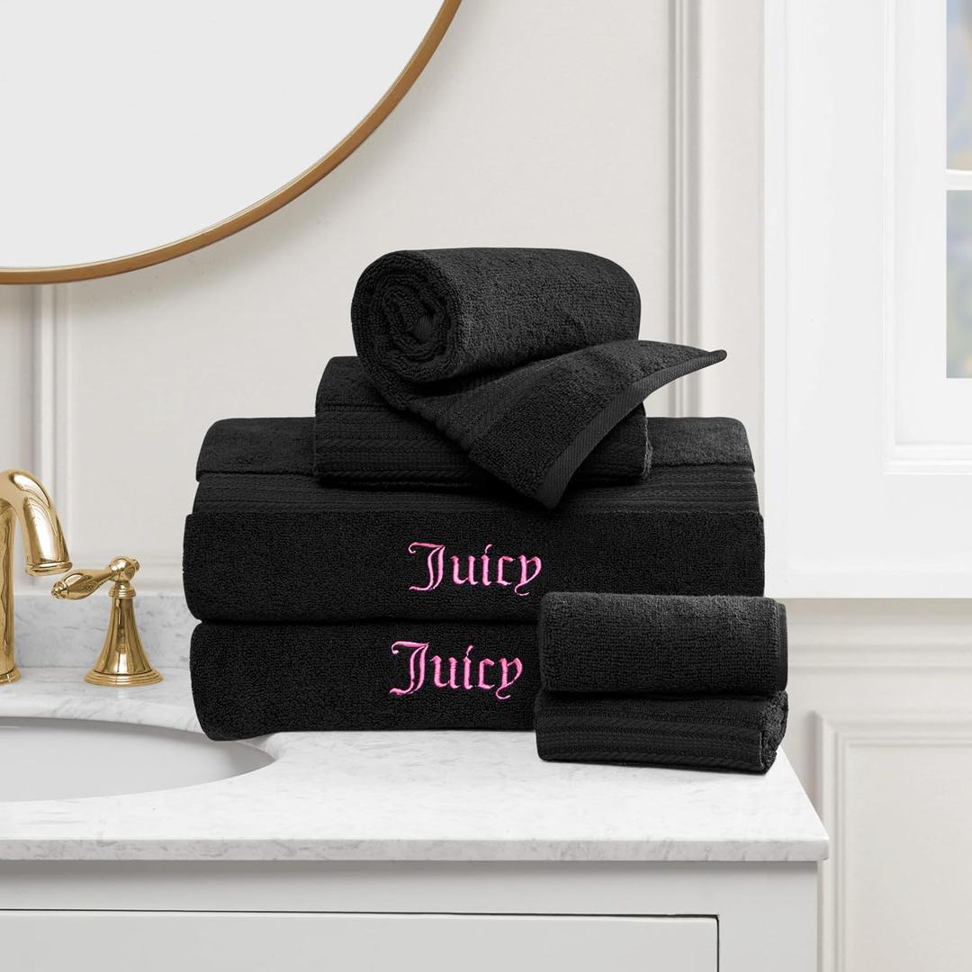 Juicy Couture Alyssa Luxurious 6 Piece Bath Towel Set - (2) Bath Towels, (2) Hand Towels, and (2) Washcloths - Black Premium Bathroom Towel Set