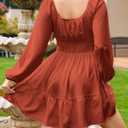 Florboom Women's Adjustable Square Neck Drawstring Dress Puff Long Sleeve Smocked Waist Mini Dresses (S)