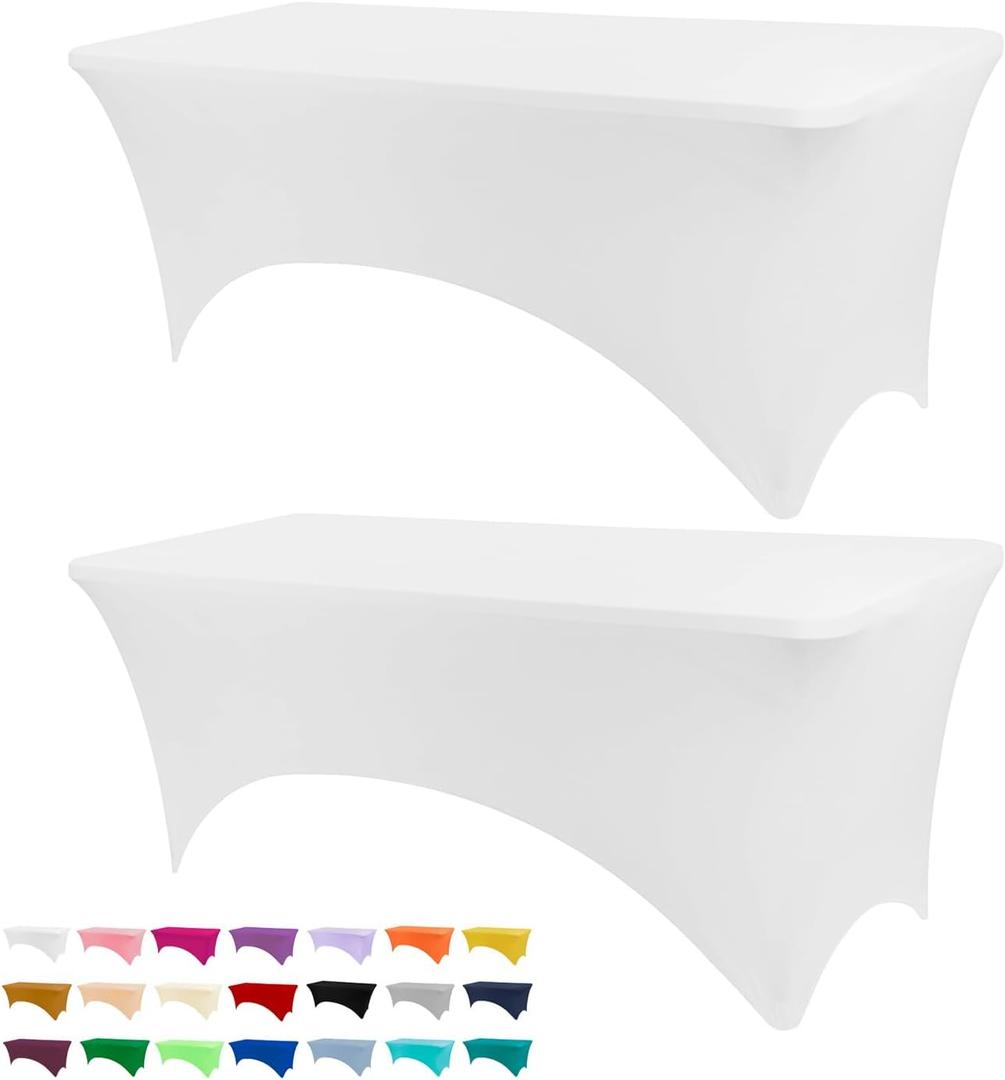 Table Covers for 6 Foot Tables, 2 Pack White Washable and Wrinkle Resistant Stretch Tablecloths Rectangle 6ft for Events, Wedding, Banquets, Parties