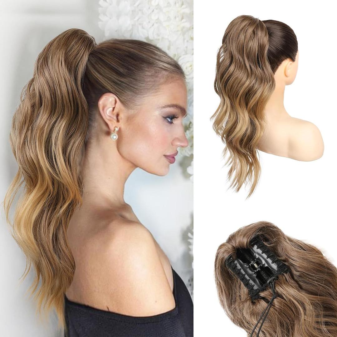 HOOJIH Clip in Ponytail Extension, Ponytail Extension 18 Inch Hair Ponytail Extension Wavy Ponytail Fluffy Clip on Ponytail Synthetic Ponytail Hair Pieces for Women -Light Brown with Golden Ends