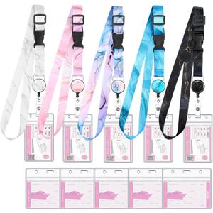 5 Pack Cruise Lanyard for Ship Cards,Adjustable Lanyards for Cruise Ship Cards with Retractable Badge Holder and 10Pcs Waterproof ID Card Holder (Marble Style)