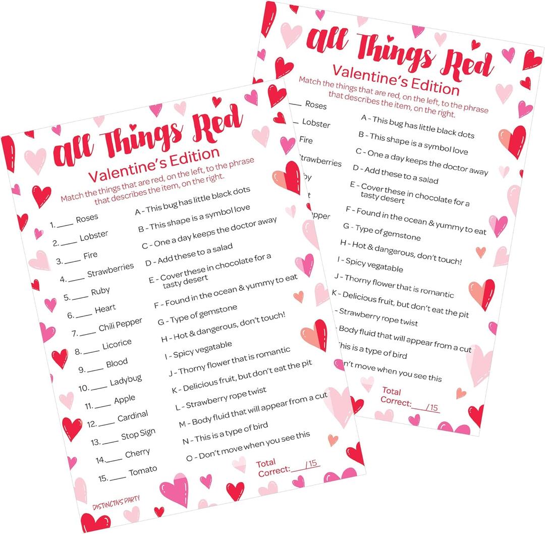 5 x DISTINCTIVS Valentines Day Trivia Game All Things Red, Classroom Party Activity for Kids, 25 Count